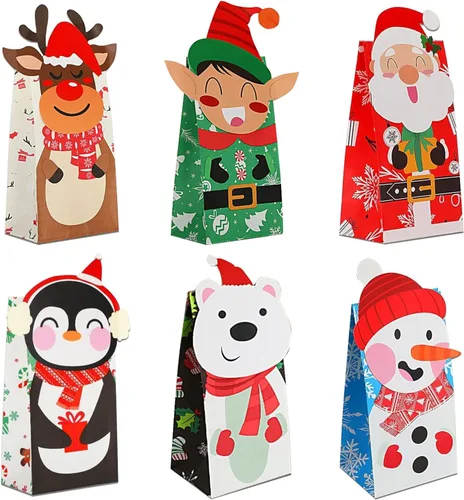 Bolsas de regalo de Navidad – 24 bolsas de regalo de papel con 24 calcomanías, bolsas de regalo de papel kraft para recuerdos de fiesta, regalos de