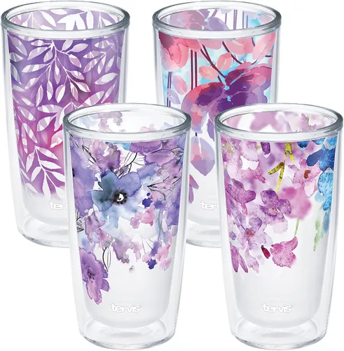 Miniatura 12 de Tervis Vaso aislado de cristal de doble pared hecho en Estados Unidos con acuarela floral morado que mantiene las bebidas frías y calientes, 16
