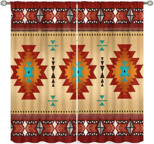 Miniatura 10 de Cortinas aztecas, patrón étnico tribal nativo del suroeste, estilo bohemio occidental, geométrico, tratamientos de ventana para sala de estar, juego