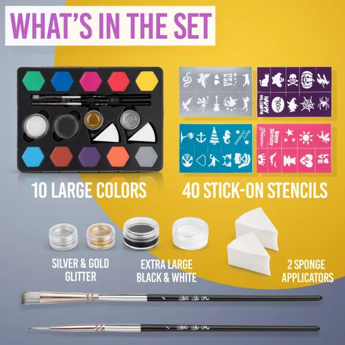 Miniatura 2 de Kit de pintura facial para niños, 58 piezas lavables, 20 colores vibrantes no tóxicos, incluye pinceles, esponjas, purpurina y plantillas, seguro
