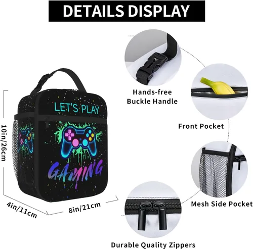 Miniatura 6 de SARA NELL Lonchera con controlador de juegos, bolsa de almuerzo colorida para niños, lonchera impermeable con aislamiento térmico para niños, mini