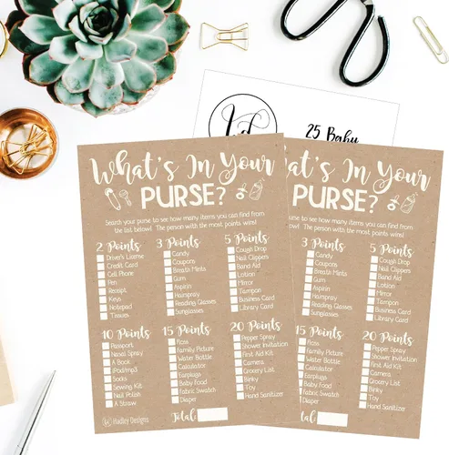 Miniatura 3 de Hadley Designs Juegos de baby shower para 25 invitados – Kraft Whats in Your Purse Baby Shower Game, juegos de baby shower para niños y niñas