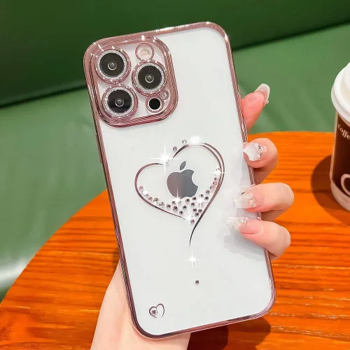 Miniatura 2 de Bling Glitter Heart compatible con iPhone 13 Pro de 6.1 pulgadas, bonito protector de cámara completo brillante para mujer, funda de teléfono Oro