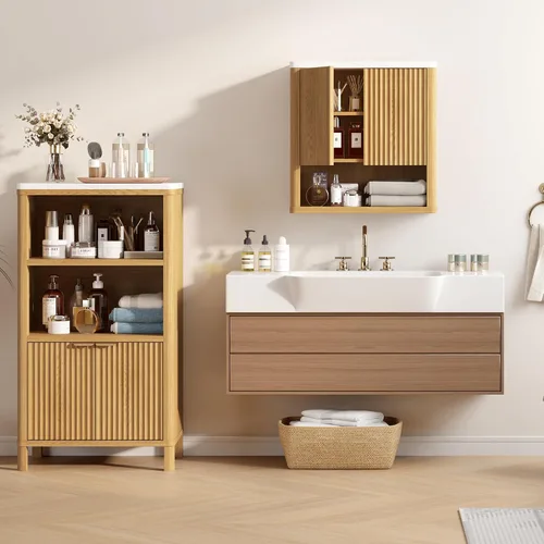 Miniatura 2 de HOMEFORT Armario de pared para baño, botiquines, armario de almacenamiento sobre el inodoro con 2 puertas, estante ajustable y parte superior