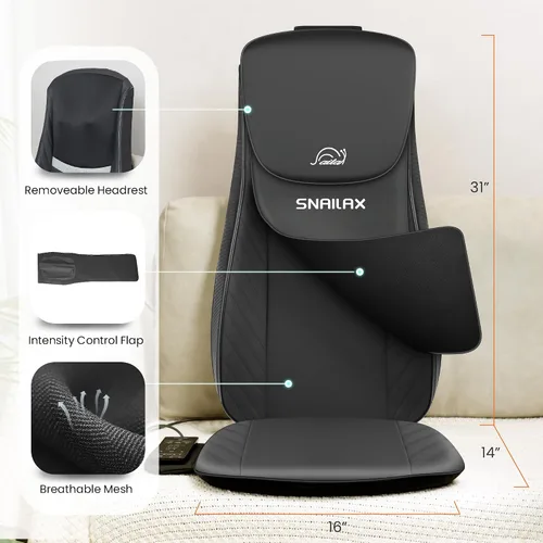 Miniatura 6 de Snailax Masajeador Shiatsu de espalda y cuello 2026 con calor, almohadilla para silla de masaje de amasamiento profundo, intensidad ajustable, cojín
