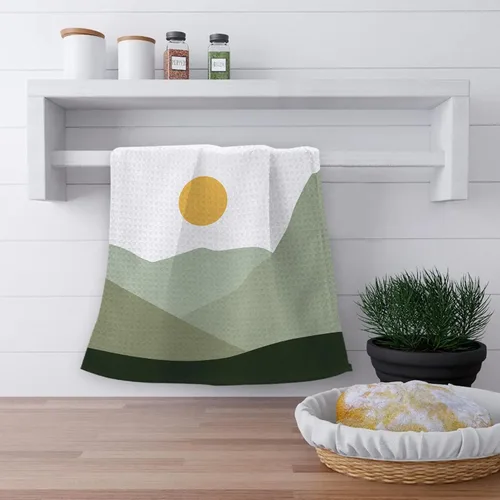 Miniatura 4 de OHSUL Juego de 2 paños de cocina abstractos bohemios con diseño de sol y luna, verde salvia, montaña verde salvia, altamente absorbentes, toallas