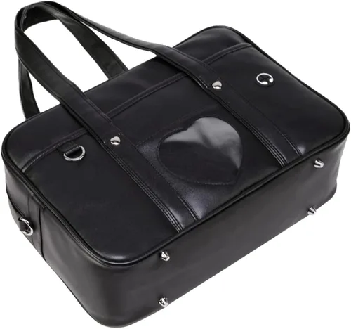 Miniatura 2 de Bolso de hombro japonés grande, de piel sintética, Kawaii con pompón de leopardo rosa (tamaño grande A3, ventana de corazón negro), Negro
