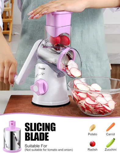 Miniatura 3 de Rallador de queso giratorio Geedel, rallador de mandolina de cocina para vegetales con 3 cuchillas intercambiables, rallador giratorio fácil