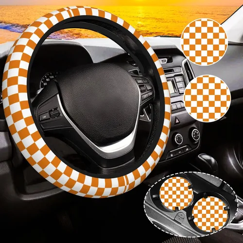 Miniatura 11 de Funda de volante a cuadros para mujeres, funda universal para volante de automóvil de 14-15 pulgadas, accesorios interiores para automóvil, con 2
