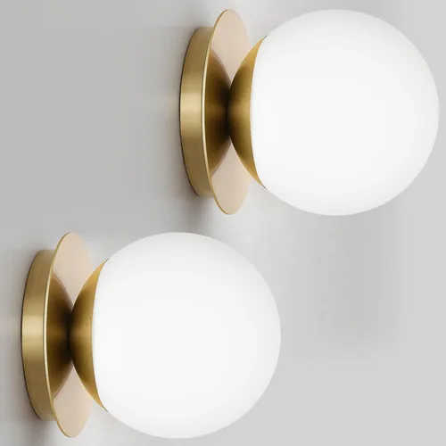 Juego de 2 apliques de pared dorados, apliques de baño modernos con globo de vidrio blanco lechoso, juego de 2 apliques de pared para decoración de