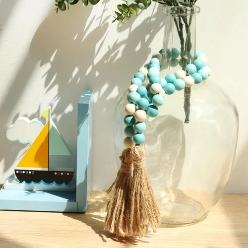 Miniatura 2 de Meplait Guirnalda de cuentas de madera, guirnalda de cuentas de estilo rústico de 99 cm con borlas, cuentas boho para bandejas escalonadas, cuentas