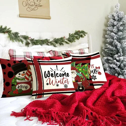Miniatura 3 de Juego de 4 fundas de almohada navideñas de 18 x 18 pulgadas, Papá Noel, muñeco de nieve, tira de bienvenida de invierno, almohadas de Navidad