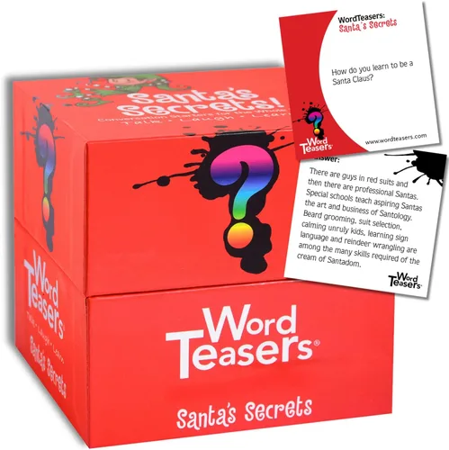 WORD TEASERS Santa's Secrets - Juego de preguntas familiares con tarjetas de conversación de vacaciones y juego de fiesta, 150 cartas de trivia