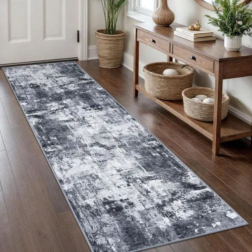 KOZYFLY – Alfombra de pasillo moderna y lavable de diseño abstracto, 2 x 8 pies, antideslizante, suave de pelo corto, en tonos gris y negro, ideal