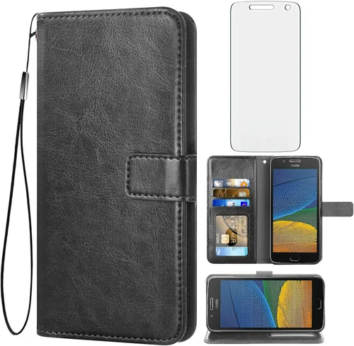 Asuwish Compatible con Moto G5 Plus - Funda tipo cartera de vidrio templado, protector de pantalla con tapa, tarjetero, accesorios para celulares,