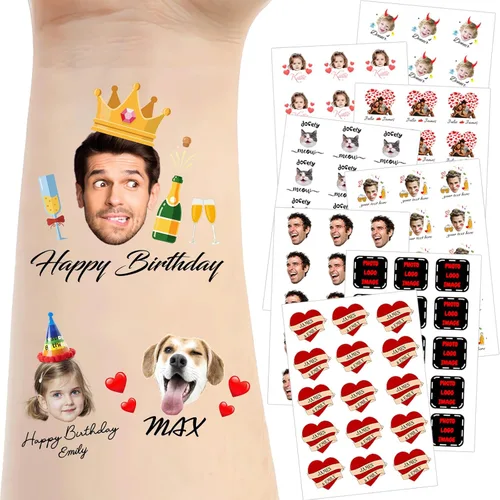 Tatuajes temporales personalizados para la cara, tatuajes faciales personalizados con nombre de foto, logotipo, texto, calcomanía de tatuaje falsa