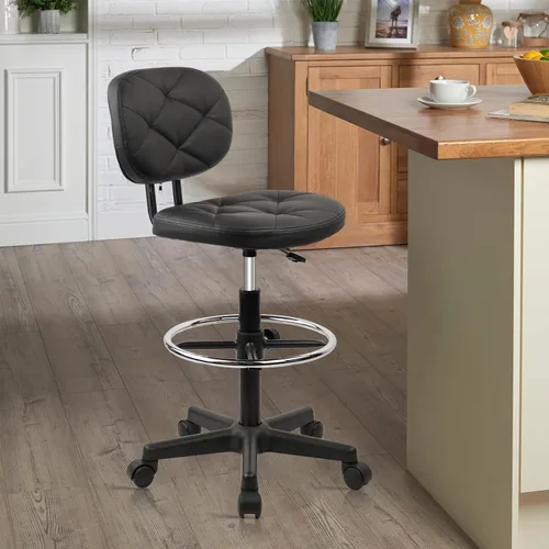 Miniatura 8 de KLASIKA Taburetes rodantes de piel sintética con reposapiés y soporte para la espalda, silla de dibujo tapizada con diamante ajustable con ruedas