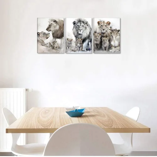 Miniatura 3 de 3 piezas modernas de lienzo de león de animales salvajes, pinturas de retratos de familia de leones, decoración de pared, obras de arte de sala