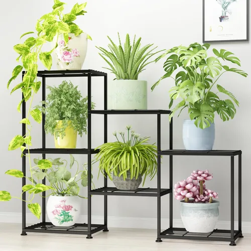 Soportes para plantas de interior, estante de metal escalonado de exterior para múltiples plantas, soporte de 3 niveles para 7 macetas, soporte de