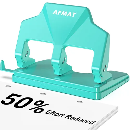 Miniatura 12 de AFMAT Perforadora de 3 agujeros, diámetro de agujeros de 9/32 pulgadas, perforadora de tres agujeros de 40 hojas, 50% de esfuerzo reducido, Verde