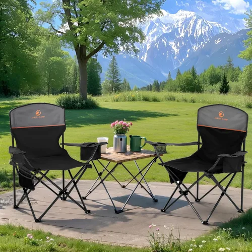 Miniatura 2 de LET'S CAMP Silla de camping 2 unidades de sillas plegables con bolsa enfriadora de 4 latas, silla de césped portátil con soporte para tazas, Negro