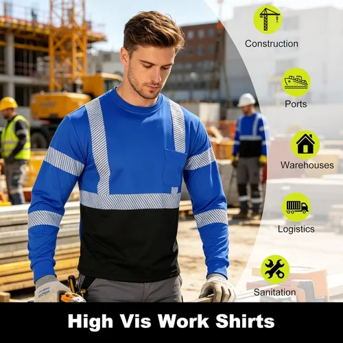 Miniatura 7 de FONIRRA Camisas reflectantes de seguridad de alta visibilidad para hombres ANSI Clase 3 Hi Vis, camisetas de trabajo de construcción de manga larga