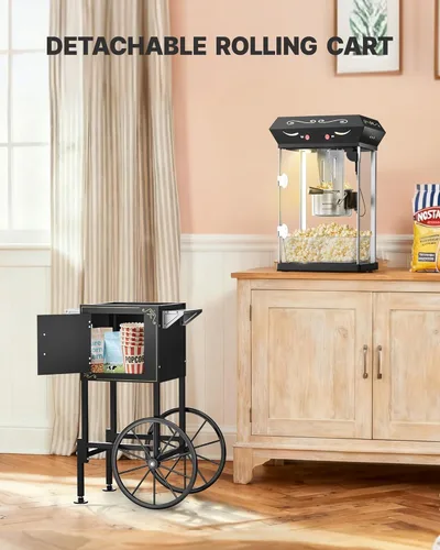 Miniatura 7 de Máquina de palomitas de maíz de 8 onzas con carro, máquina para hacer maíz con ruedas y hervidor de acero inoxidable que hace hasta 32 tazas, Negro