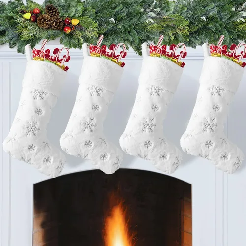 Miniatura 17 de Calcetines negros de piel sintética de Navidad, 1 paquete grande de 22 pulgadas, medias colgantes de felpa negra con nombre personalizado con copos