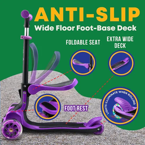 Miniatura 4 de Scooter de 3 ruedas para niños con asiento plegable, altura ajustable del manubrio, juguete de paseo inclinado para conducir para niños a partir