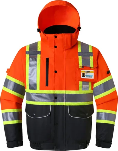 Miniatura 10 de JKSafety Chaqueta bomber de invierno reflectante 3M impermeable de alta visibilidad con 10 bolsillos Parte inferior amarillo neón negro Bolsillo