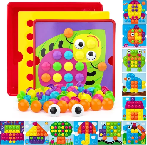 Miniatura 8 de AluAbi Large Button Art Toys for Toddlers, 10'' x 10'' Color Matching Mosaic Pegboard with 12 Pictures and 46 Buttons, Early Educational Toys for 3