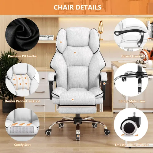 Miniatura 4 de Silla ejecutiva de oficina con respaldo alto, sillas de juegos para computadora, escritorio de cuero con reposapiés, trabajo ergonómico grande y Gris