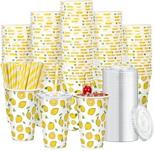 Miniatura 7 de Tessco - Juego de 50 vasos de papel Capri Lemon con tapas y pajitas, 12 onzas, azulejos azules italianos, tazas frías de limón italiano para fiesta