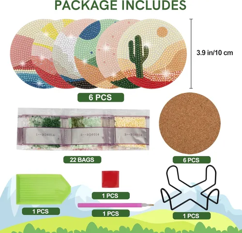 Miniatura 2 de Temlum 6 Piezas de Posavasos de Pintura de Diamantes con Soporte, Posavasos de Arte de Diamante de Paisaje Abstracto, Kits Pequeños de Pintura