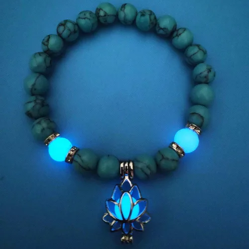 Miniatura 9 de Pulsera luminosa con forma de flor de loto que brilla en la oscuridad para mujer, piedras turquesas naturales, joyería de oración de yoga, Metal