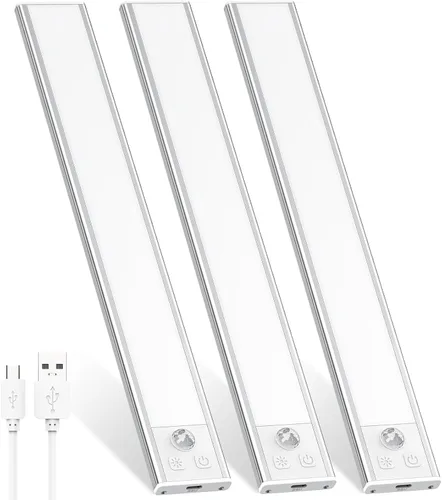 Miniatura 10 de Paquete de 3 luces LED para debajo del gabinete, 32 luces LED de color blanco frío recargables debajo del gabinete, luces LED con sensor de Negro