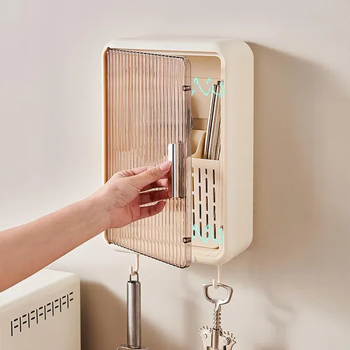 Miniatura 3 de TOPINCN Organizador de palillos montado en la pared, a prueba de polvo, almacenamiento de utensilios de cocina con tapa, adecuado para cucharones