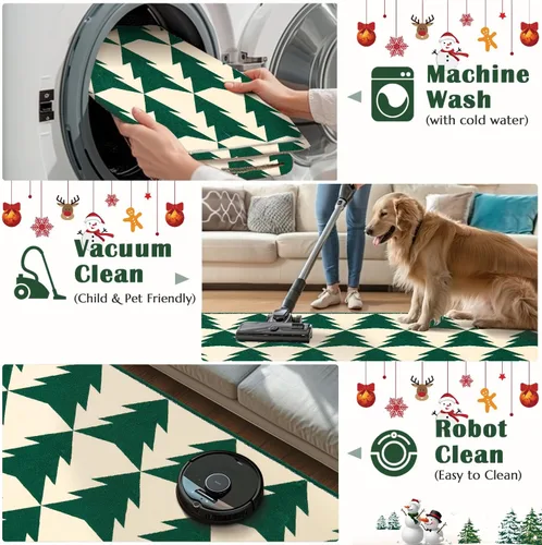 Miniatura 6 de COLLACT Alfombra de pasillo de Navidad de 2 x 10 pies, color verde sobre crema, alfombra de camino de árbol de Navidad, alfombra lavable, alfombra