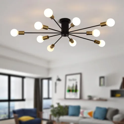 Miniatura 20 de Garwarm Paquete de 2 lámparas de techo Sputnik de montaje industrial semiempotrado de 4 luces, lámpara Sputnik moderna negra y dorada para porche
