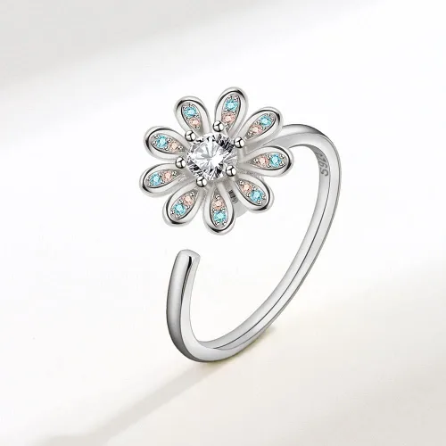 Miniatura 3 de Daisy Flower Spinner - Anillo abierto con circonita cúbica ajustable alivio del estrés anillos para los dedos antiansiedad preocupación promesa amor