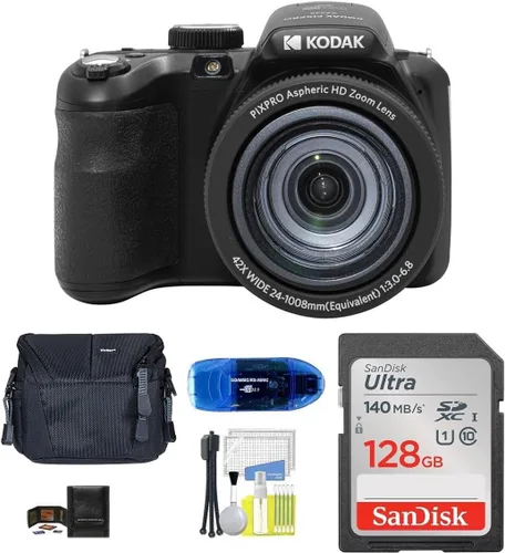 Kodak Paquete de cámara digital PIXPRO AZ425, incluye: tarjeta de memoria SanDisk SDXC de 128 GB, bolsa para cámara pequeña, lector de tarjetas SD y