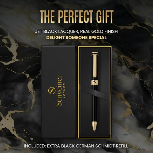 Miniatura 3 de Bolígrafo laqueado en negro Scriveiner - Impresionante pluma de lujo, chapado en oro real, repuesto Schmidt de tinta negra, el mejor juego de regalo