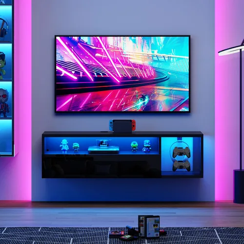 SogesPower Soporte flotante para TV montado en la pared con luces, soporte de TV LED, centro de entretenimiento flotante con almacenamiento para