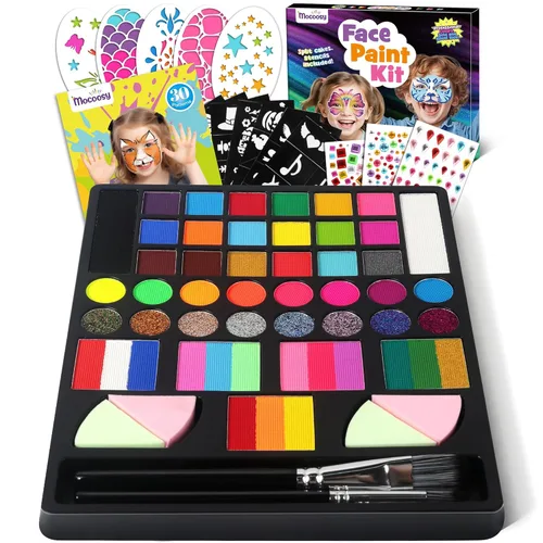 Mocoosy Kit de pintura facial de 41 colores para niños, paleta de pintura facial no tóxica activada por agua con plantilla, pinceles, gema, kit de