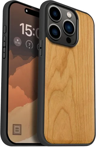 Miniatura 10 de Carveit Funda magnética de madera para iPhone 15 Pro, compatible con cargadores inalámbricos MagSafe, funda de TPU suave negro a prueba de golpes