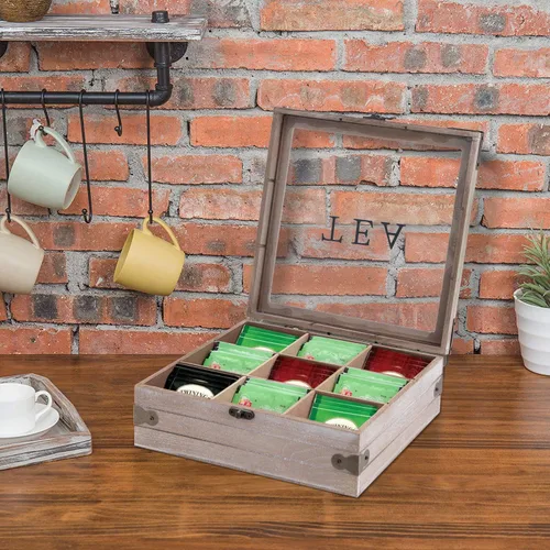 Miniatura 3 de Organizador de caja de té, almacenamiento rústico para bolsitas de té, soporte para bolsas de té para paquetes de cápsulas de azúcar y más, elegante