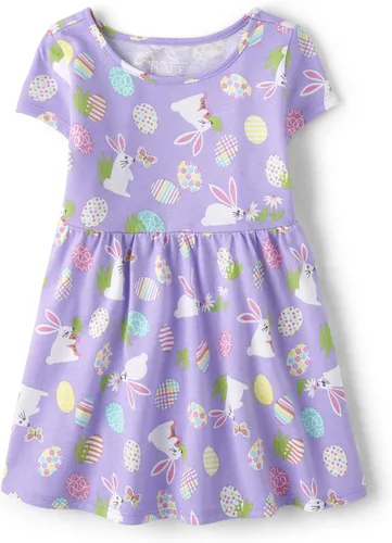 The Children's Place, Vestido de moda de manga corta para niñas y niñas pequeñas Babydoll de conejo de Pascua