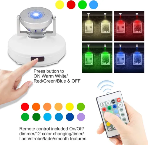 Miniatura 2 de BIGMONAT Foco a pilas, iluminación LED inalámbrica para pintura de cuadros de pared, luz que cambia de color con control remoto y temporizador