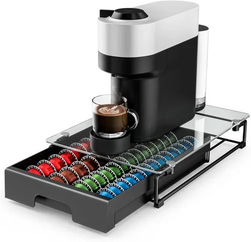 EVERIE Organizador de Cristal Templado Soporte para Cajón Compatible con Cápsulas Nespresso Vertuo, Compatible con 40 Pods Vertuoline Grandes o 52