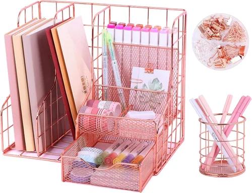 TNELTUEB Organizador de escritorio de oro rosa con 6 compartimentos, suministros de malla de metal para la oficina en casa, lindo soporte para